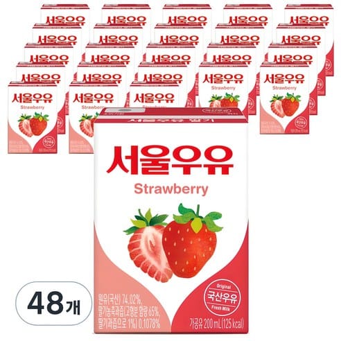 서울우유 멸균딸기우유 200ml×48, 어제 26,720원 → 오늘 21,300원